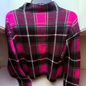 Tahari Pink and Black Plaid Funnel Neck Preppy Sweater Size Medium
